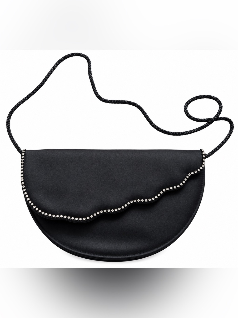 Elegant Black Half-Moon Crossbody Bag with Crystal Trim